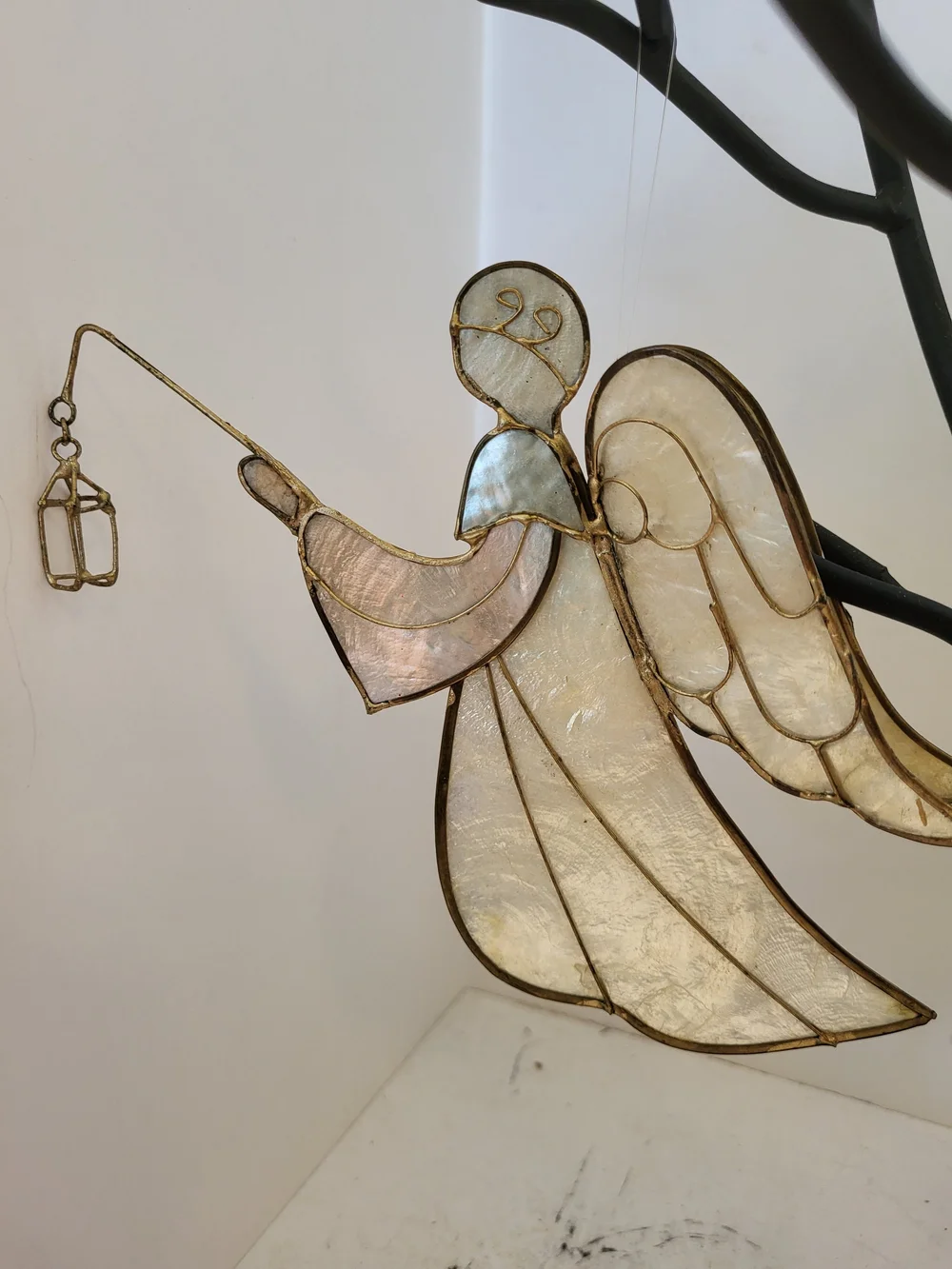 Vintage Capiz Shell Brass Angel Ornaments Set/3